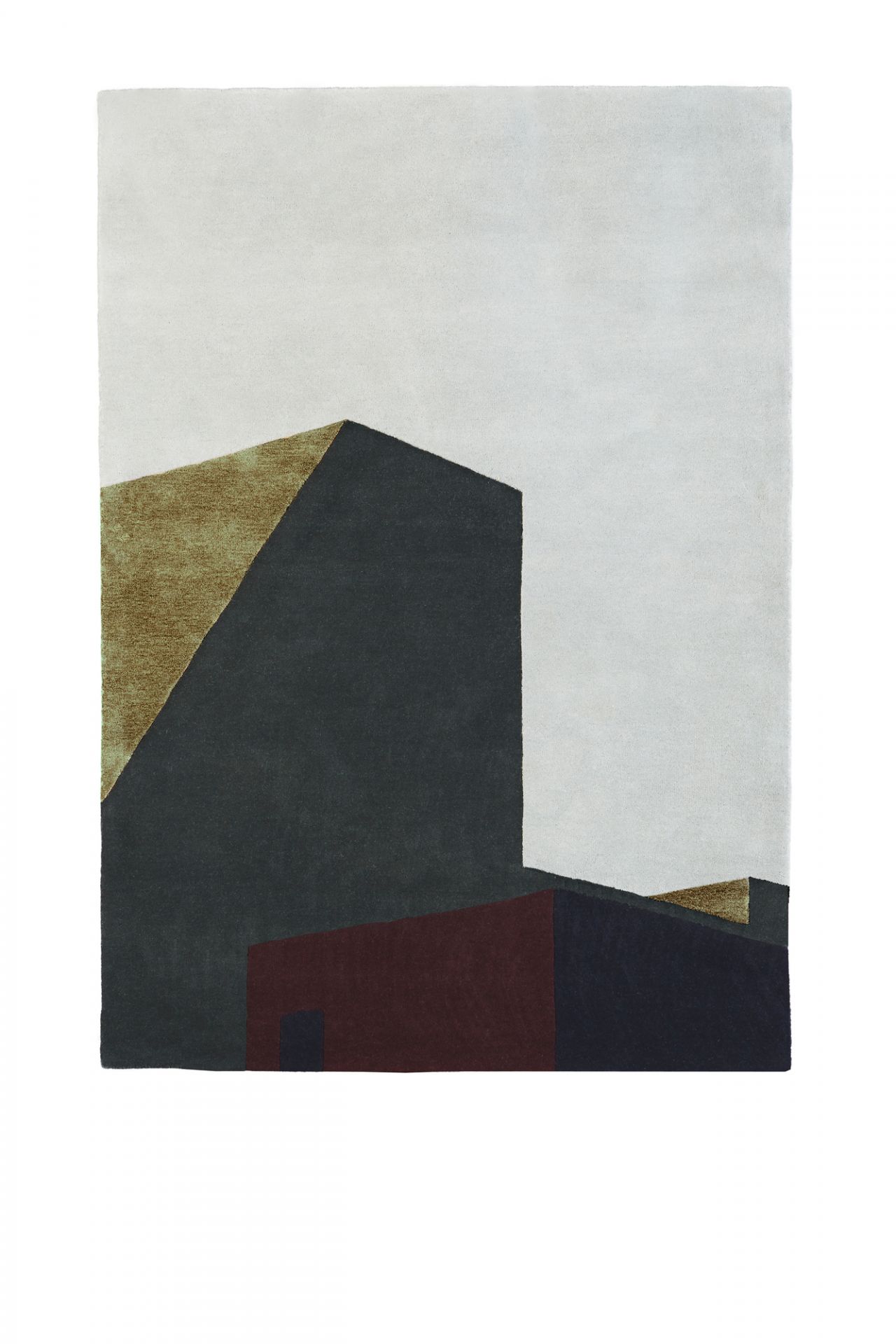 Arqui Teppich mit abstraktem, geometrischem Design in Grau, Braun und Rot. Moderner Teppich für Wohnräume.